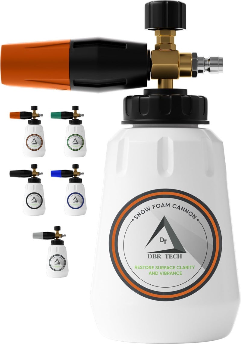 DBR Tech Foam Cannon for Pressure Washer, 1.1mm Orifice, 1000-4000 PSI, 1/4 Inch Quick Connector, Wide Neck and Adjustable Spray, Heavy Duty Car Snow Foam Blaster for Superior Foaming & Deep Clean, Orange - Image 1